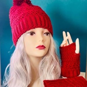 Red beanie with pompom and matching fingerless gloves
